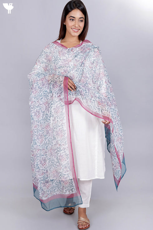 Kota Doria Dupatta  In Floral Block Print